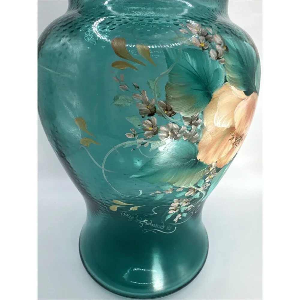 Vintage Hand Painted  Pink Floral On Teal Vase Signed Edwards 9x6.5” Cottagecore